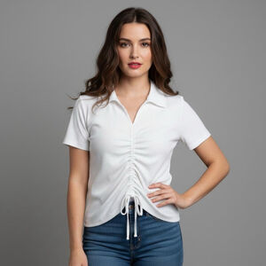 Express White Ribbed Short Sleeve Polo With Ruched Cinched Front Women’s Size XL